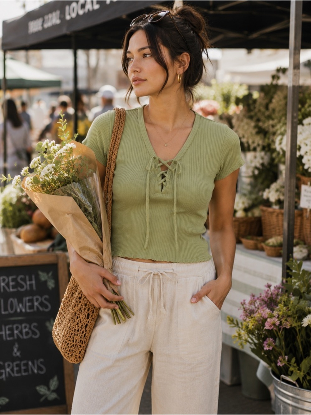 Anthropologie Green Ribbed Short Sleeve Lace Up Fitted Tee Sz L